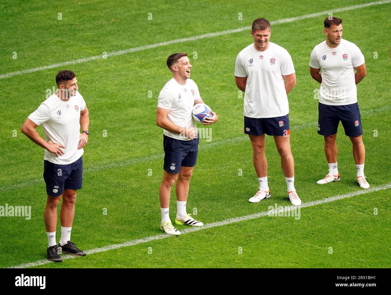 England's Jonny May (left), George Ford, Owen Farrell, Danny Care (right) during a training session at the Stade Pierre Mauroy, Villeneuve-d'Ascq. Picture date: Friday September 22, 2023. Stock Photo