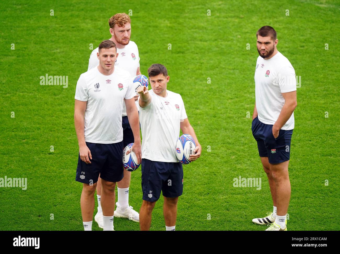 England's Freddie Steward (left), Ollie Chessum (top), Ben Youngs, and George Martin (right) during a training session at the Stade Pierre Mauroy, Villeneuve-d'Ascq. Picture date: Friday September 22, 2023. Stock Photo