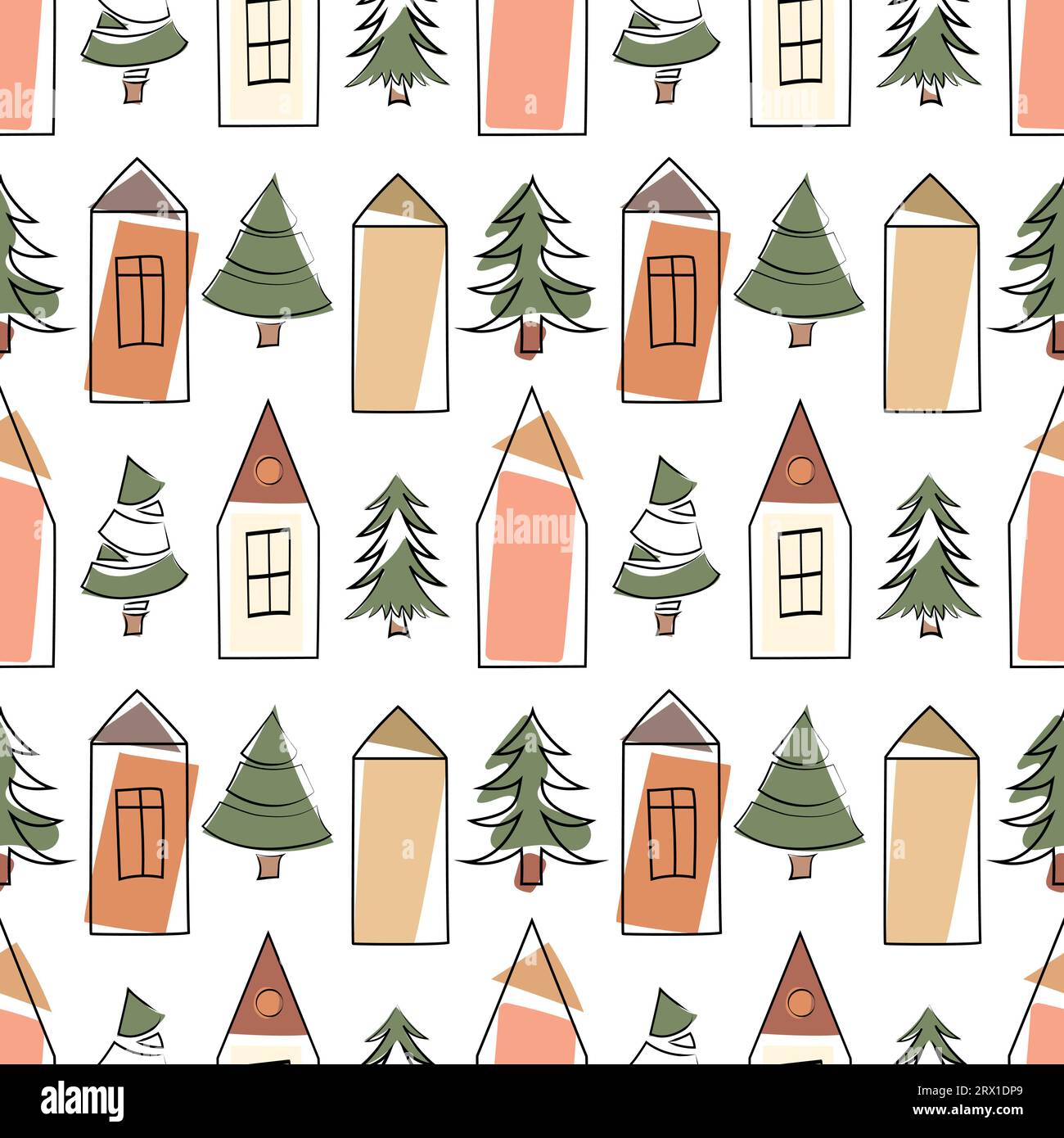 Cute seamless pattern with hand drawn Houses and Christmas trees ...