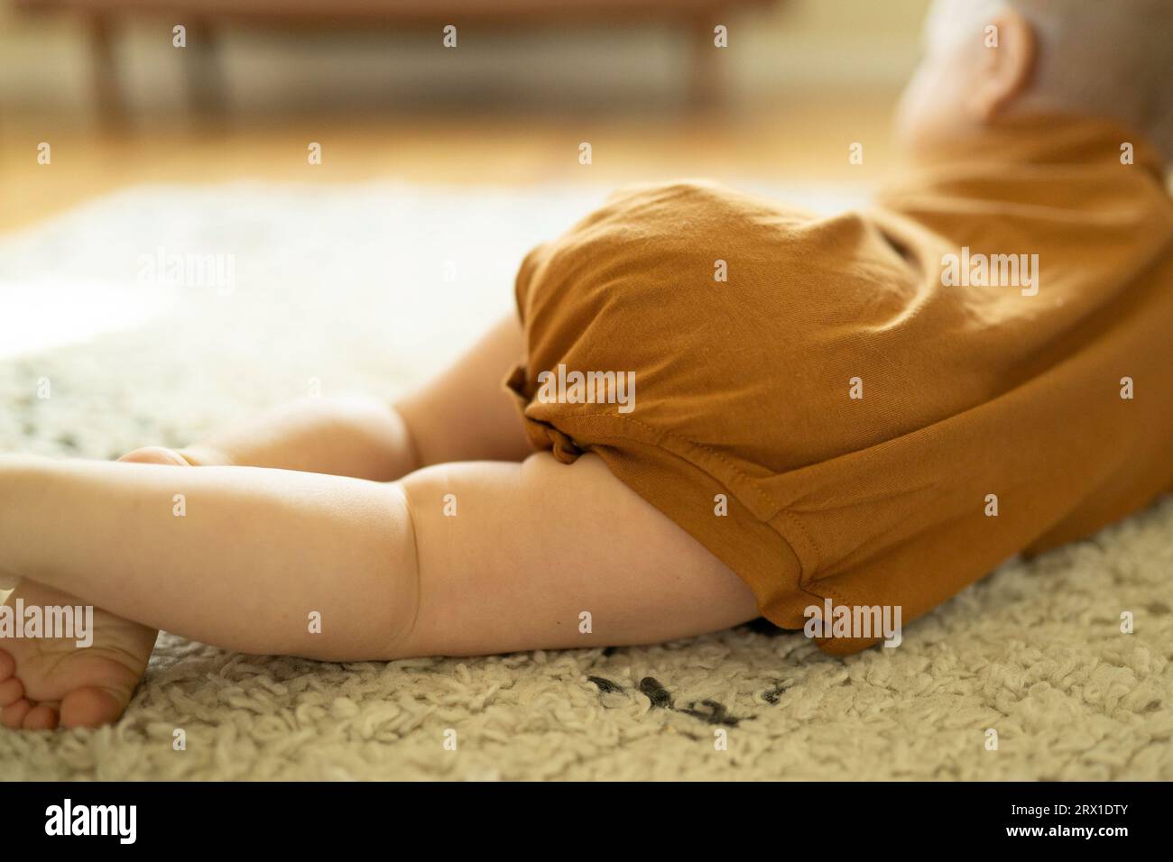 Blonde baby boy crawling; focus on legs against neutral shag rug. Stock Photo