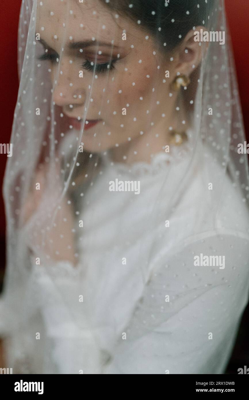 Bride in polka dot veil, vintage gown, and red lipstick. Stock Photo