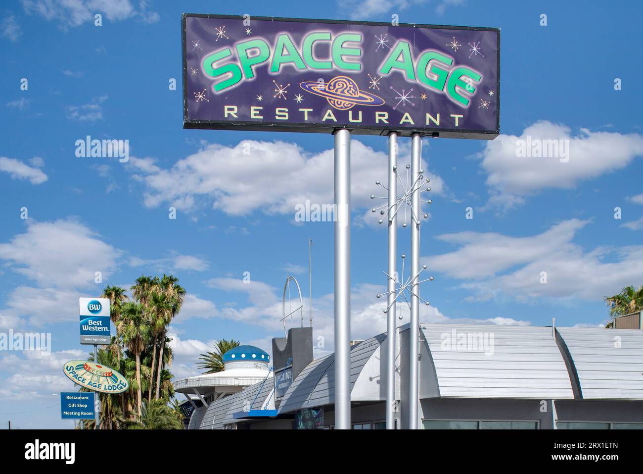 Space Age Lodge signage and roof top view Stock Photo