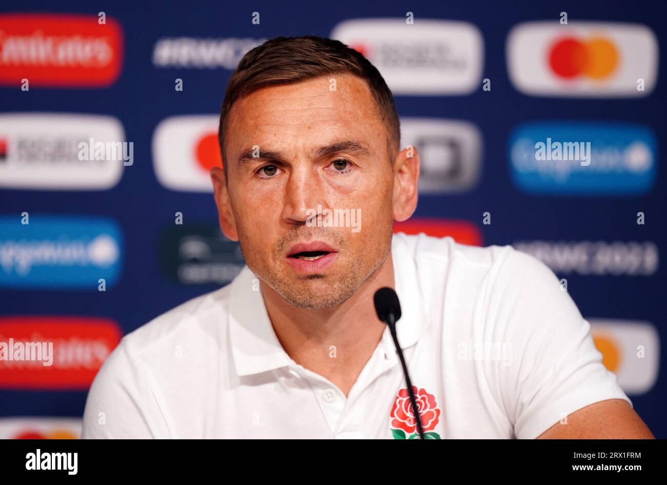 England defensive coach Kevin Sinfield during a press conference at the Stade Pierre Mauroy, Villeneuve-d'Ascq. Picture date: Friday September 22, 2023. Stock Photo