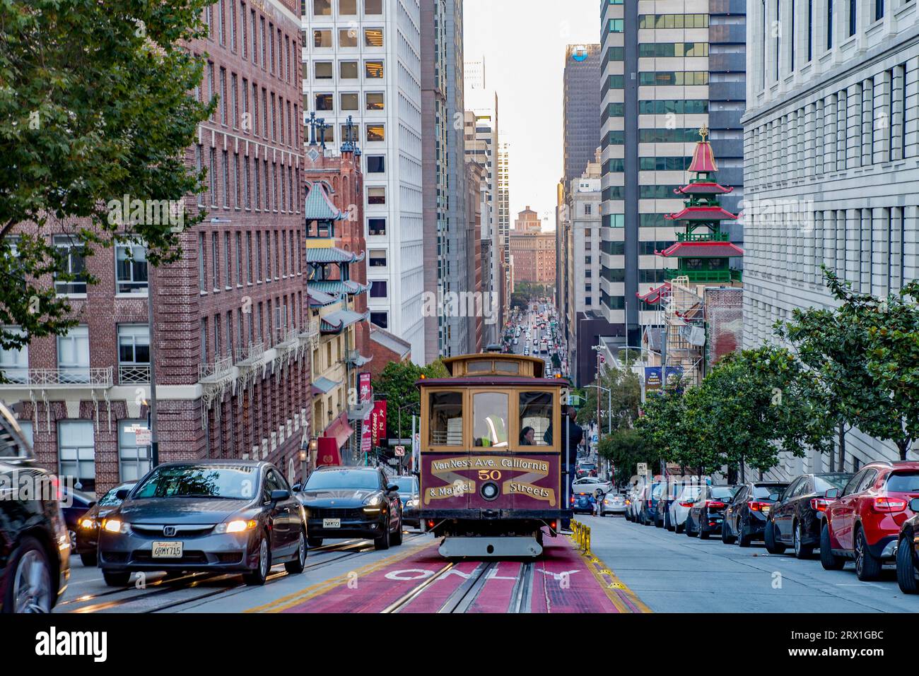 USA San Francisco Cable Car Powell Street O'Farrell Street with Line 60 Powell-Hyde-Line Stock Photo