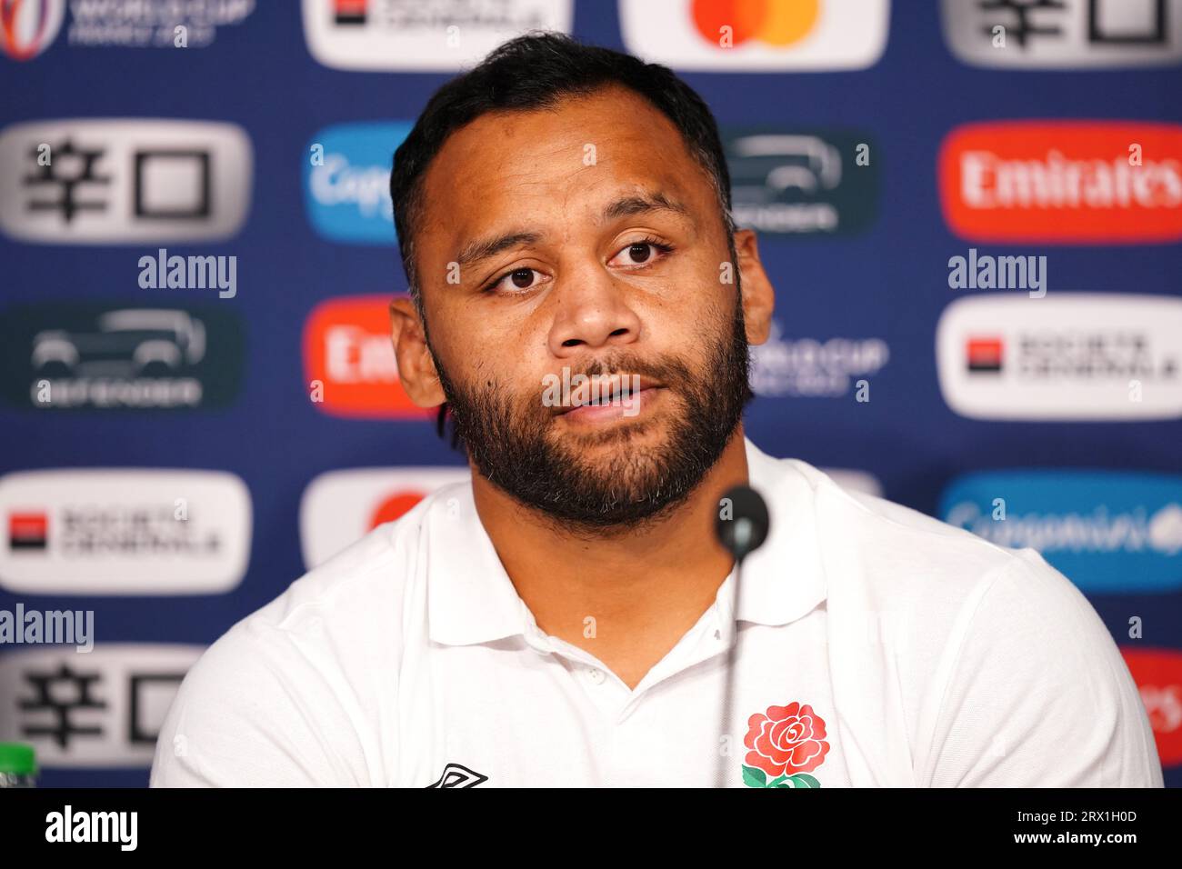 England's Billy Vunipola during a press conference at the Stade Pierre Mauroy, Villeneuve-d'Ascq. Picture date: Friday September 22, 2023. Stock Photo
