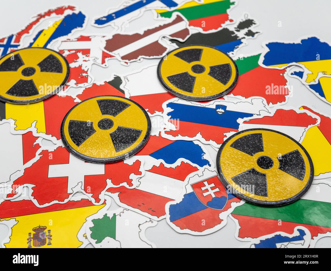 nuke radioactive signs over europe country maps Stock Photo