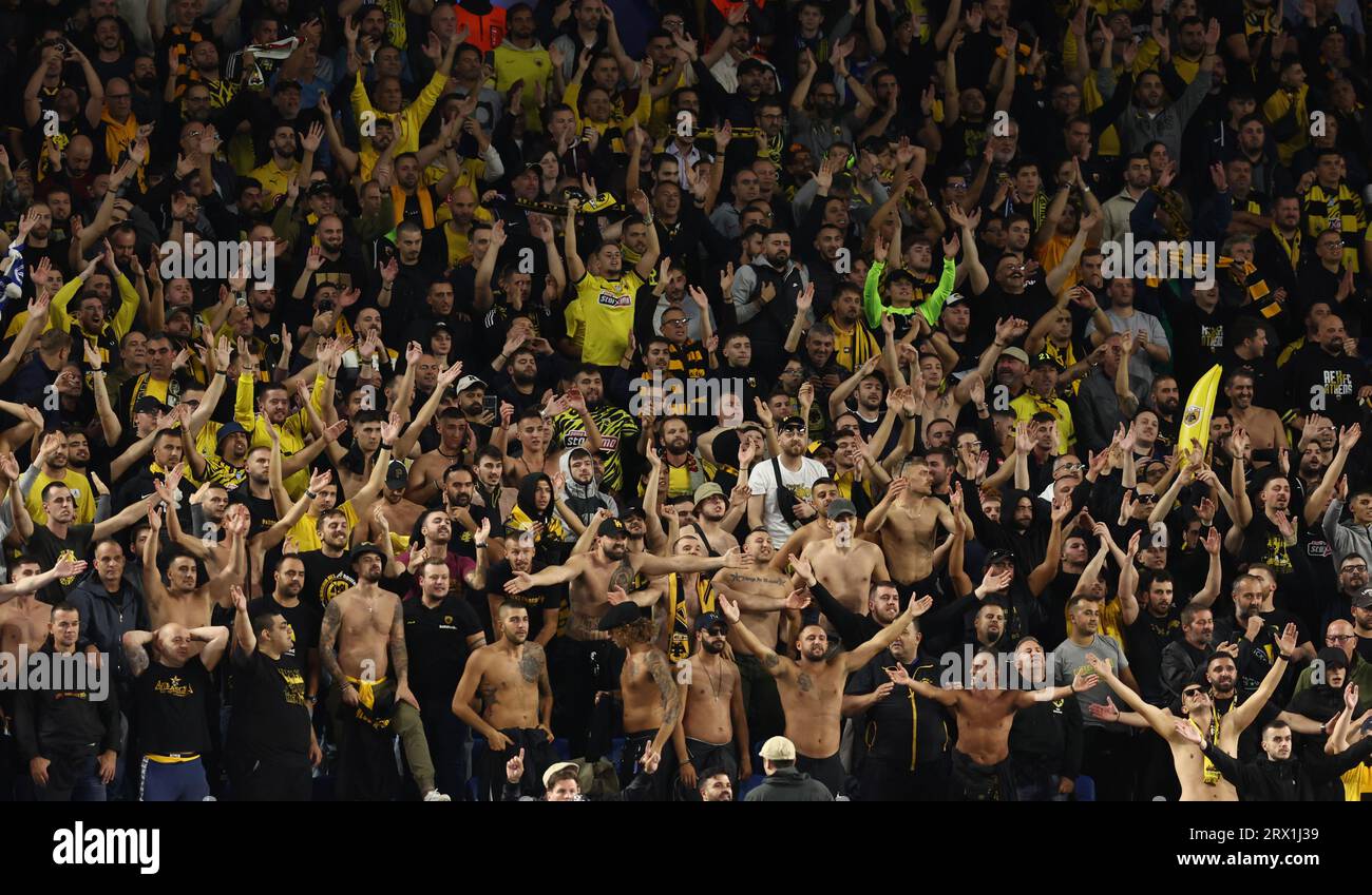 Brighton and Hove, UK. 21st Sep, 2023. AEK Athens fans during the UEFA Europa League match at the AMEX Stadium, Brighton and Hove. Picture credit should read: Paul Terry/Sportimage Credit: Sportimage Ltd/Alamy Live News Stock Photo