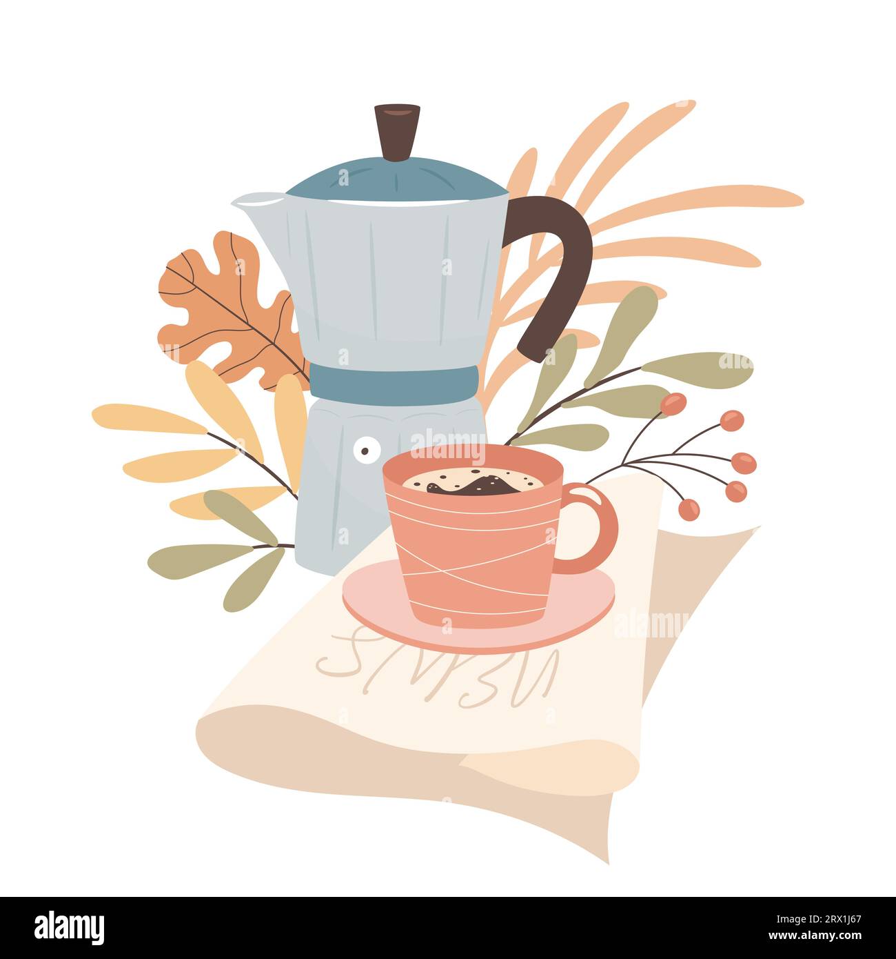 Morning coffee and newspaper. Cozy autumn working days concept. Vector illustration Stock Vector