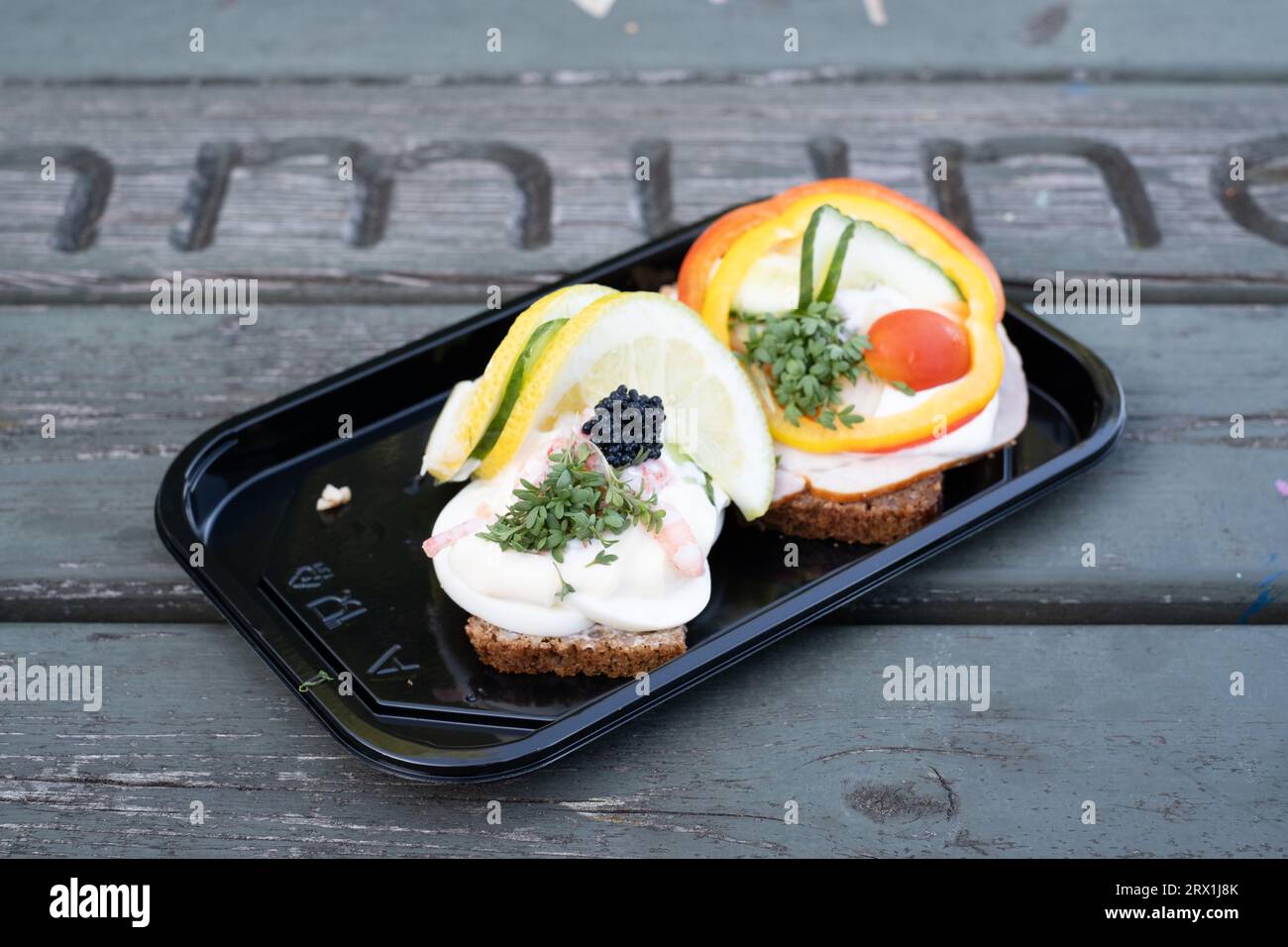 Open sandwiches from a supermarket in Billund, Denmark. Rye bread