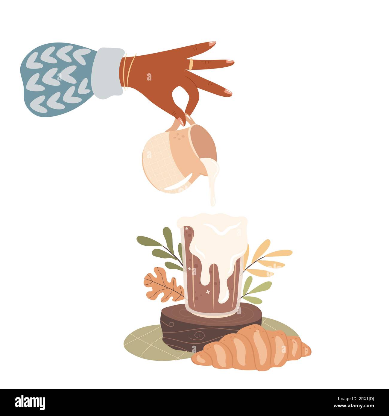 Woman pours milk to glass of coffee. Cozy autumn breakfast concept. Stock Vector