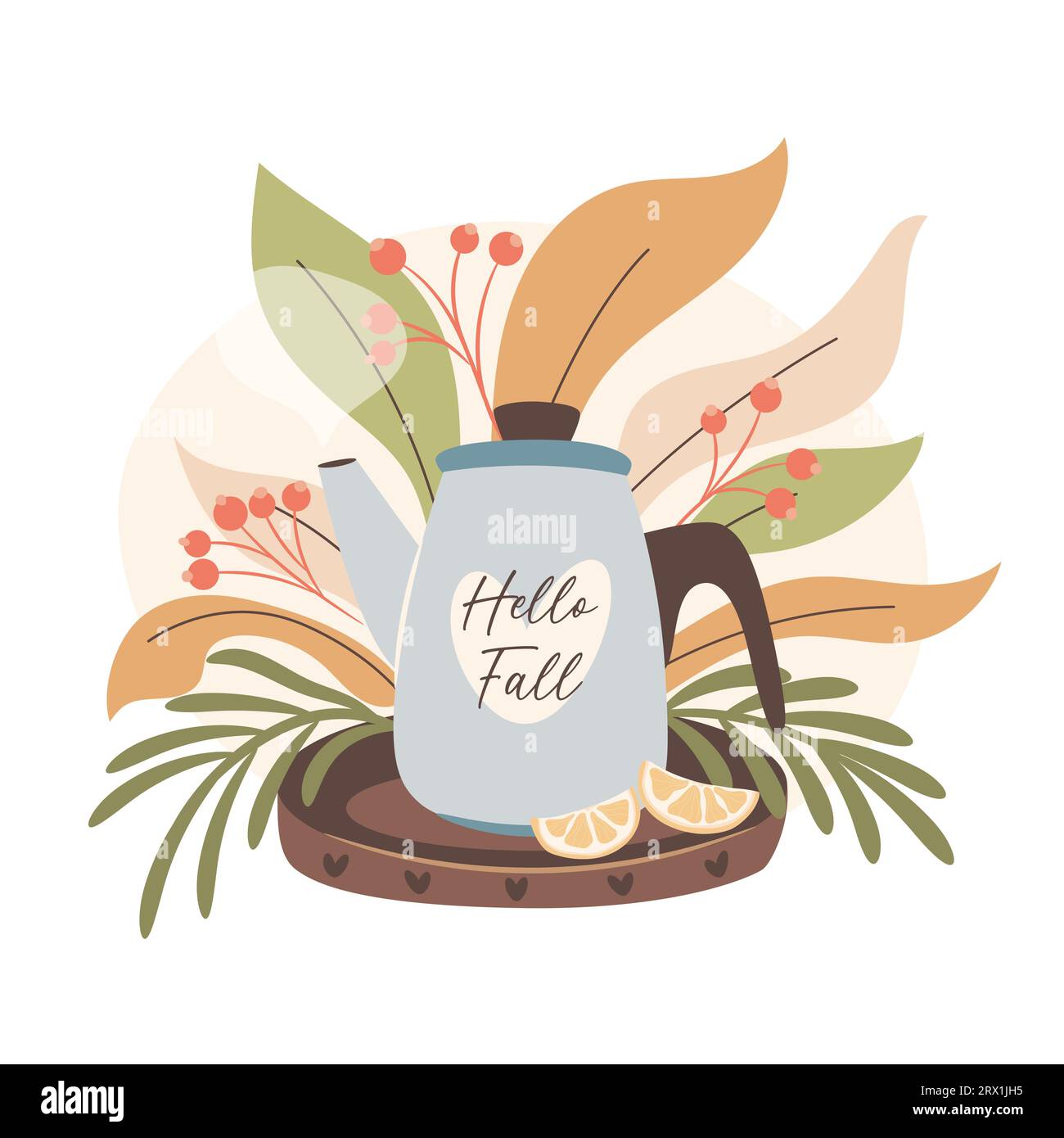 Hello Fall. Teapot and lemons on a wooden tray, with autumn leaves in background. Cozy autumn days concept. Stock Vector