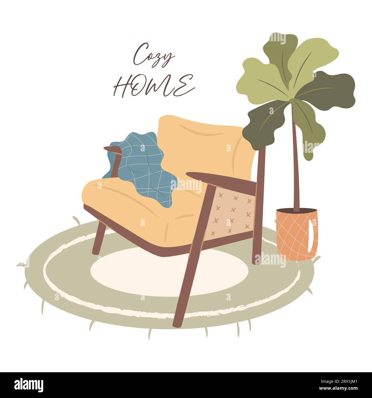 Cozy home concept. Armchair with warm blanket and plant Stock Vector ...