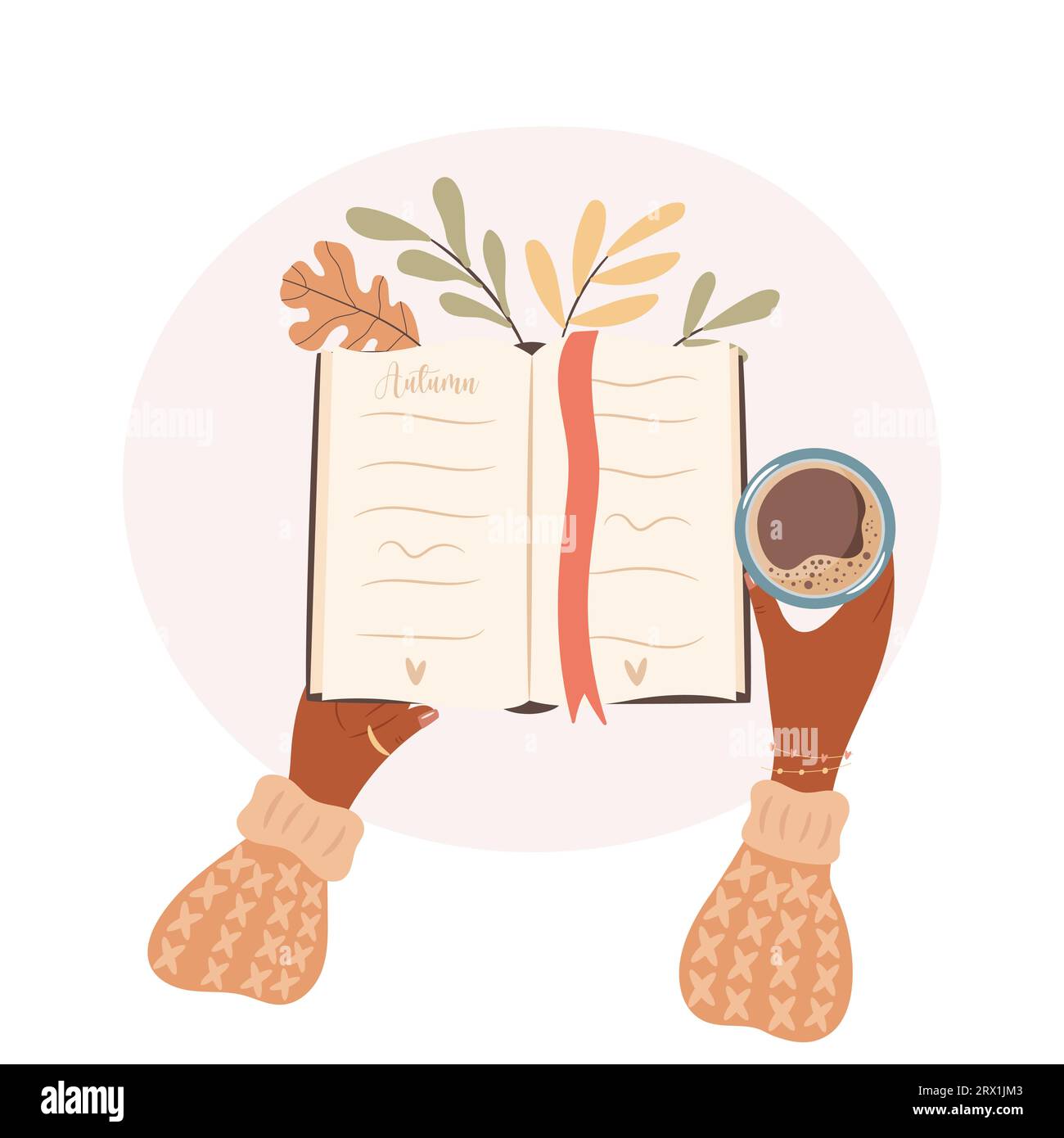 Woman reads a book and dring coffee. Sweater weather. Cozy autumn days concept. Stock Vector
