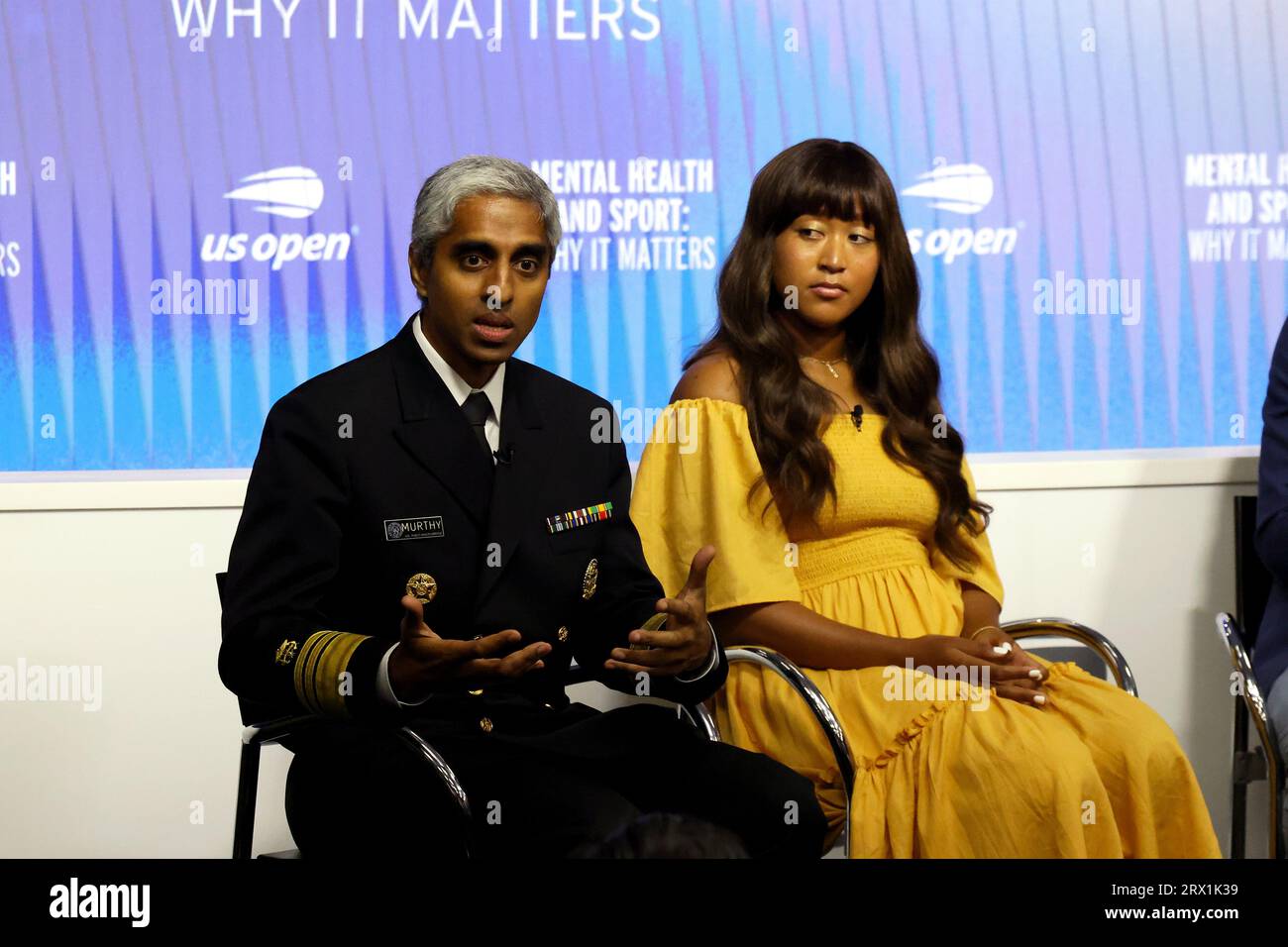 Mental Health and Sport Press conference at US Open on 6 September 2023.  From Left to Right:  US Surgeon General  Dr. Vivek H. Murthy, Naomi Osaka, Michael Phelps, Dr. Brian Hainline Stock Photo