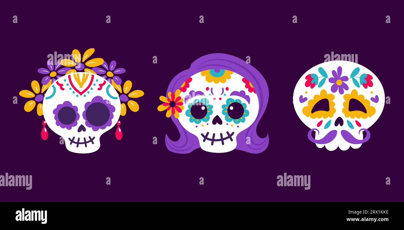 Day of the Dead. Dia de Muertos. A set of festive skulls decorated with flowers and drawings. Earrings, wreath, mustache. Catrina, the garbancera skul Stock Vector