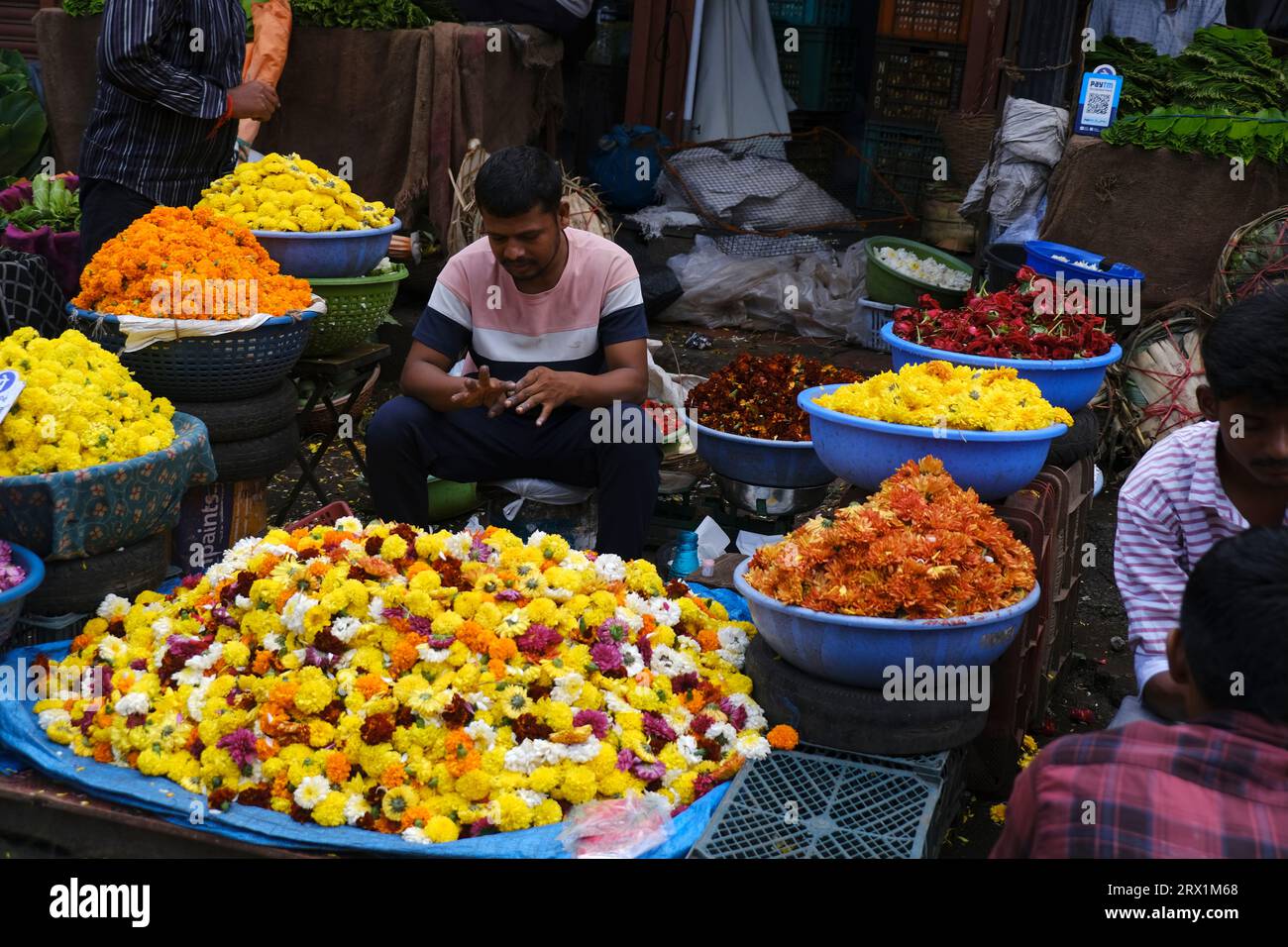 September 20, 2023, Colorful garlands flower selling in the market stalls in Pune during Ganesh Festival, India, Festivals in India. Stock Photo