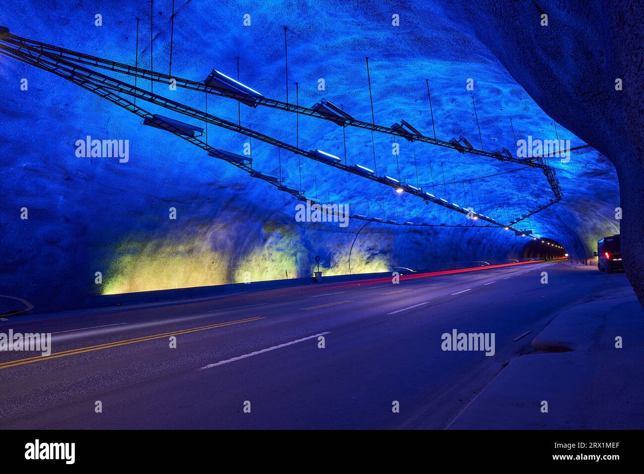 blue light of the interior of the underground Laerdal tunnel, the