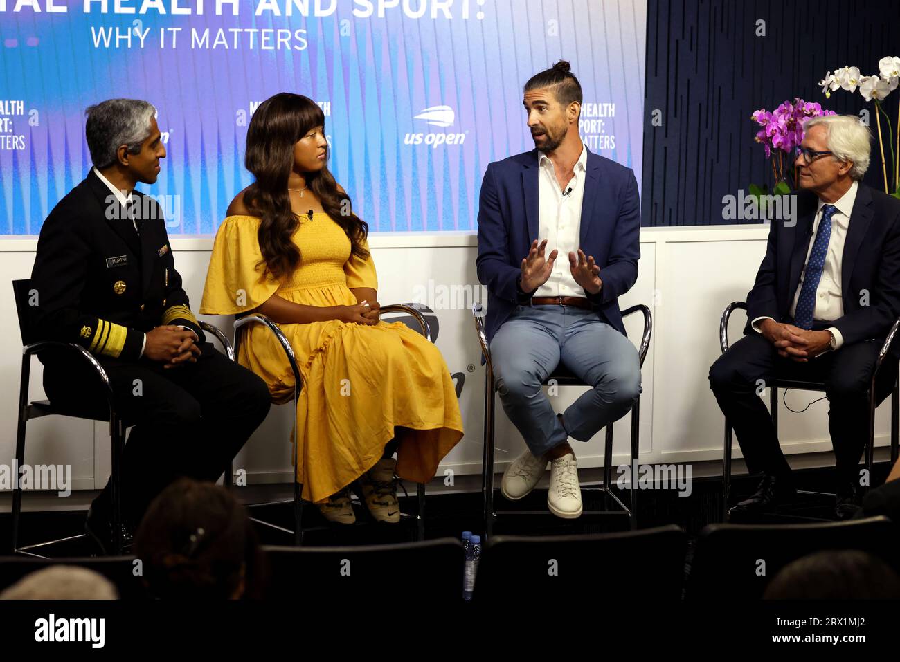 Mental Health and Sport Press conference at US Open on 6 September 2023.  From Left to Right:  US Surgeon General  Dr. Vivek H. Murthy, Naomi Osaka, Michael Phelps, Dr. Brian Hainline Stock Photo