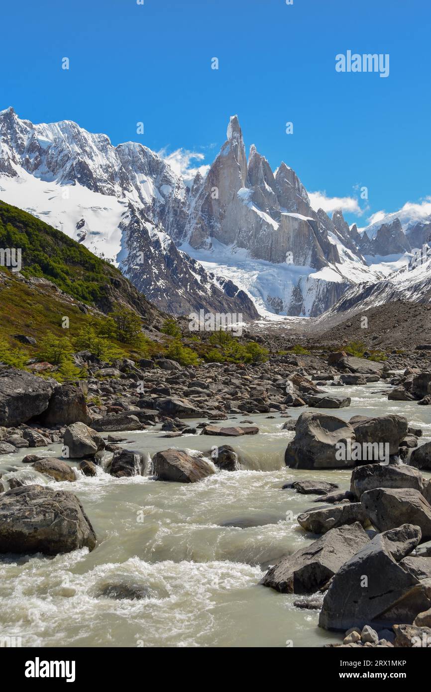 The Rio Fitz Roy with the summit of Cerro Torre and its glaciers, Los Glaciares National Park, Patagonia, Argentina Stock Photo