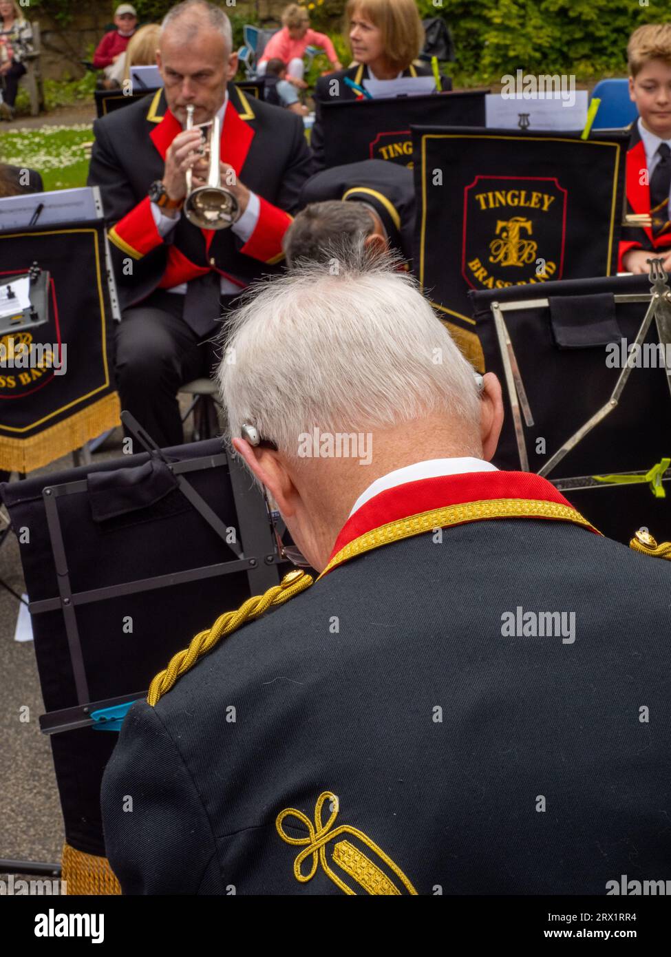 Tingley Brass band perform on a Sunday afternoon in Rounhay Park, Leeds