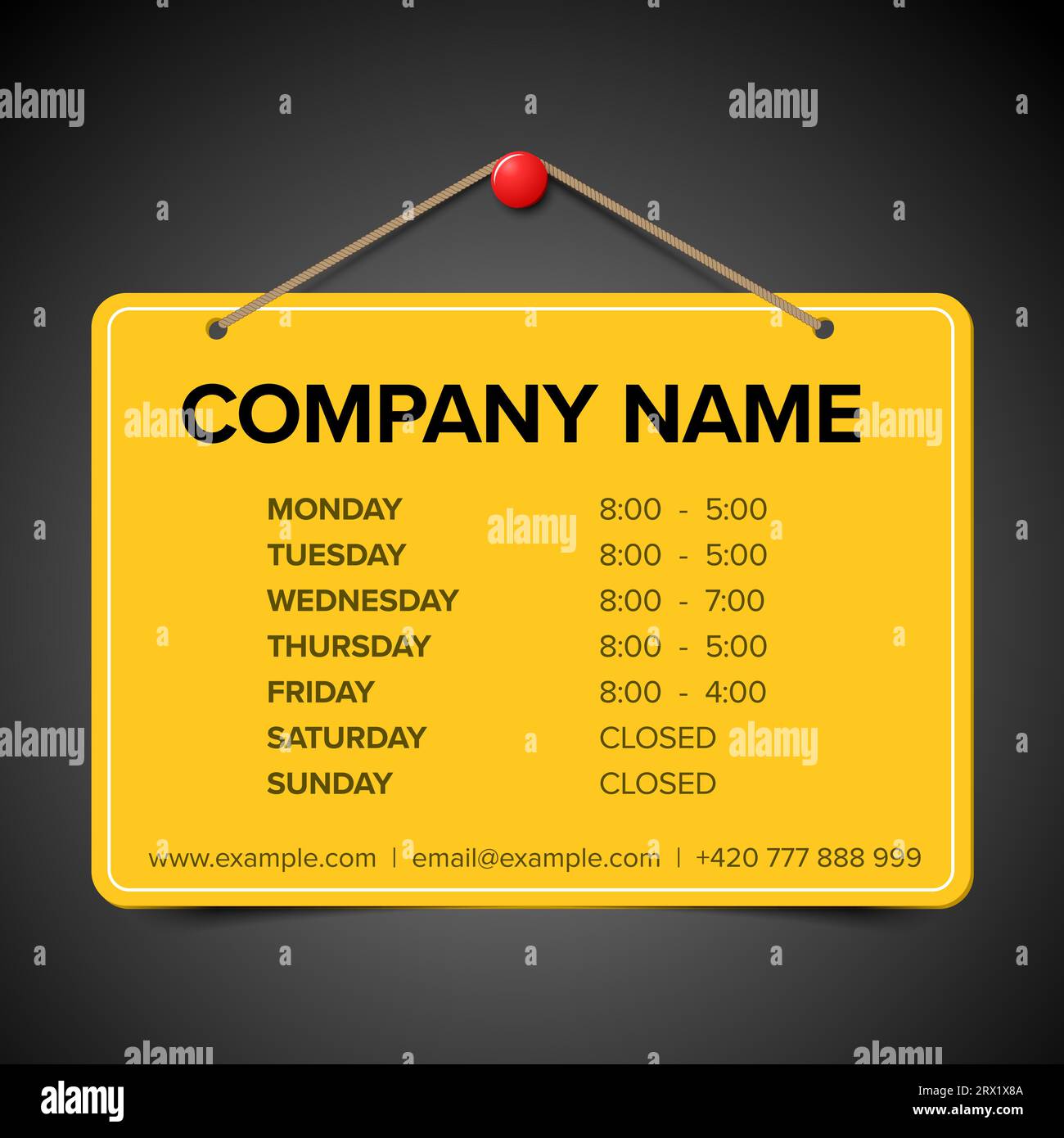 Shop opening time hours template on yellow placard on dark background
