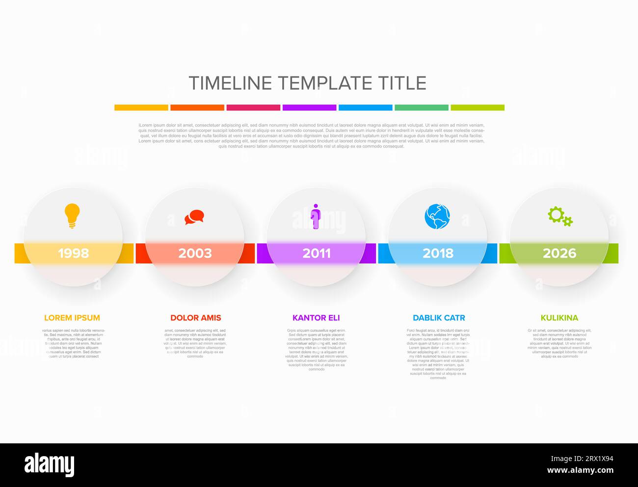 Vector light color time line with icons in five semi transparent matt glass circles template  with icons, descriptions and rainbow colorful arrows tim Stock Vector