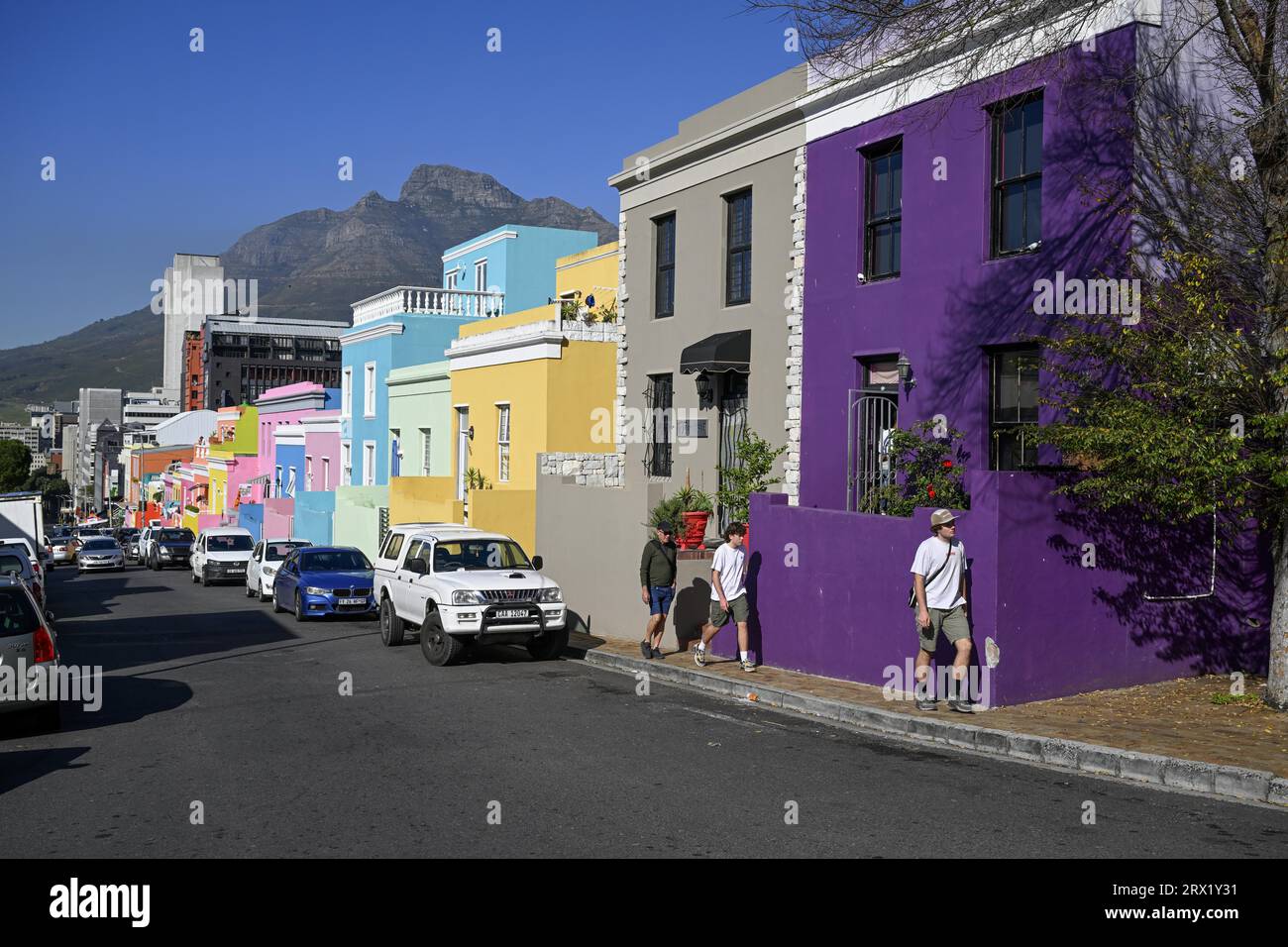 Colourful house facades in De Waal Street, Wale Street, Bo-Kaap or Malay Quarter, Cape Town, Western Cape Province, South Africa Stock Photo