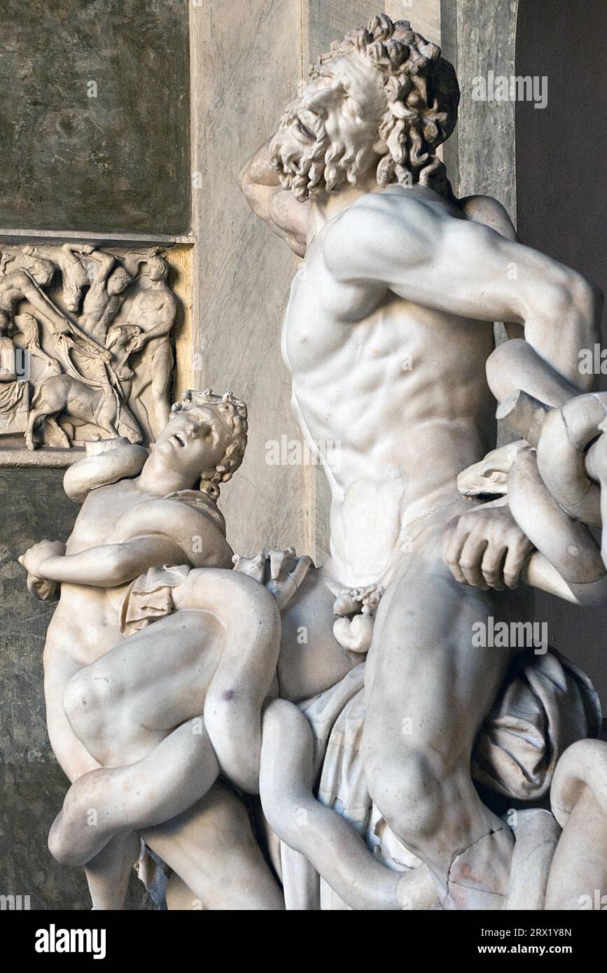 View of detail detail of Laocoon group historical sculpture in marble marble sculpture by ancient sculptor Laocoon group of priest Laocoon and sons Stock Photo
