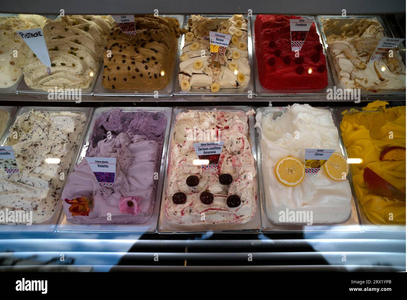 Different types of ice cream in an ice cream parlour, Paris, France