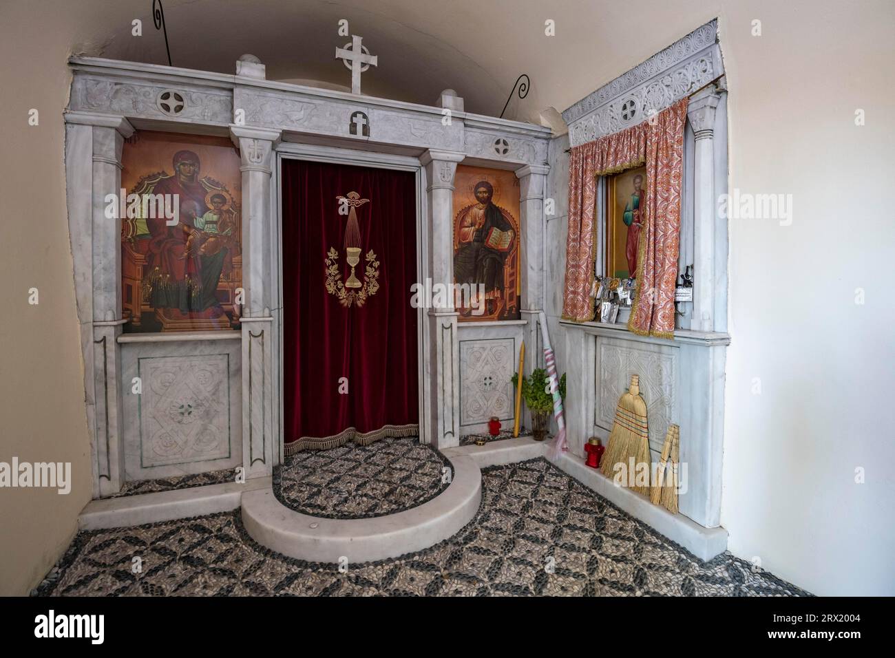 Altar, Icons, Chapel, Monastery, Agios, Silas, Agios Souas, Rhodes Island, Greece Stock Photo