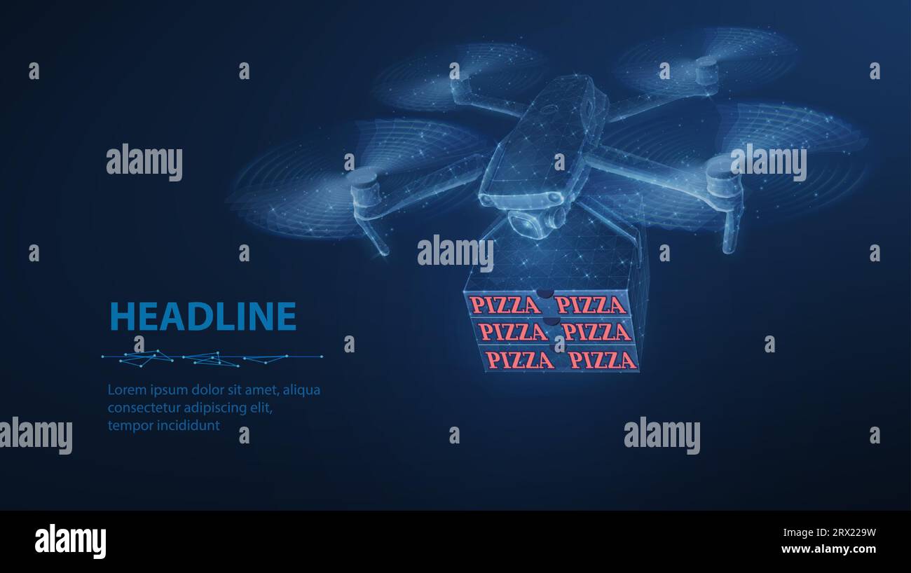 Drone for pizza delivery. Abstract 3d drone with box. Innovate deliver