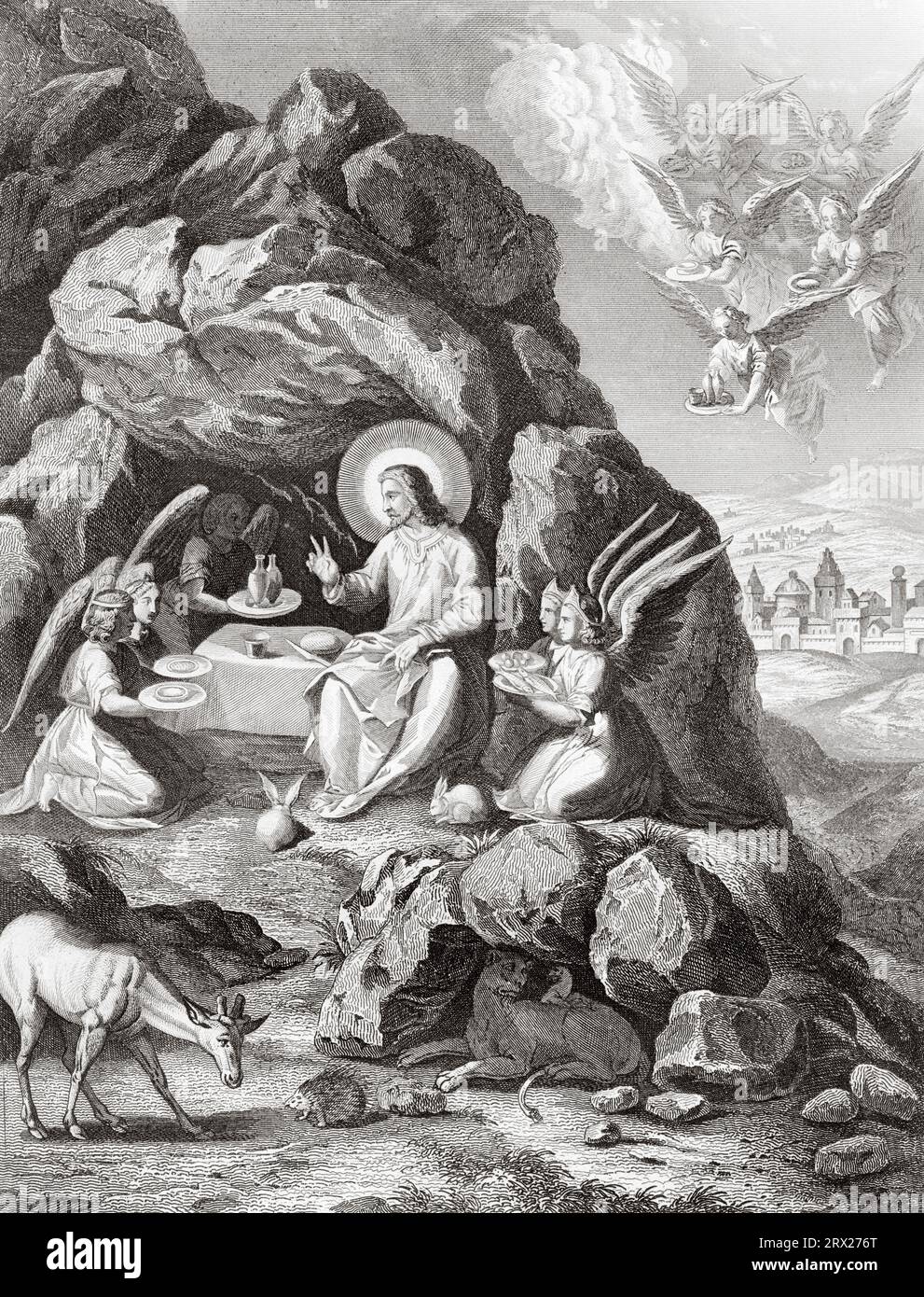 Jesus is attended by angels. Illustration for The life of Our Lord Jesus Christ written by the four evangelists, 1853 Stock Photo