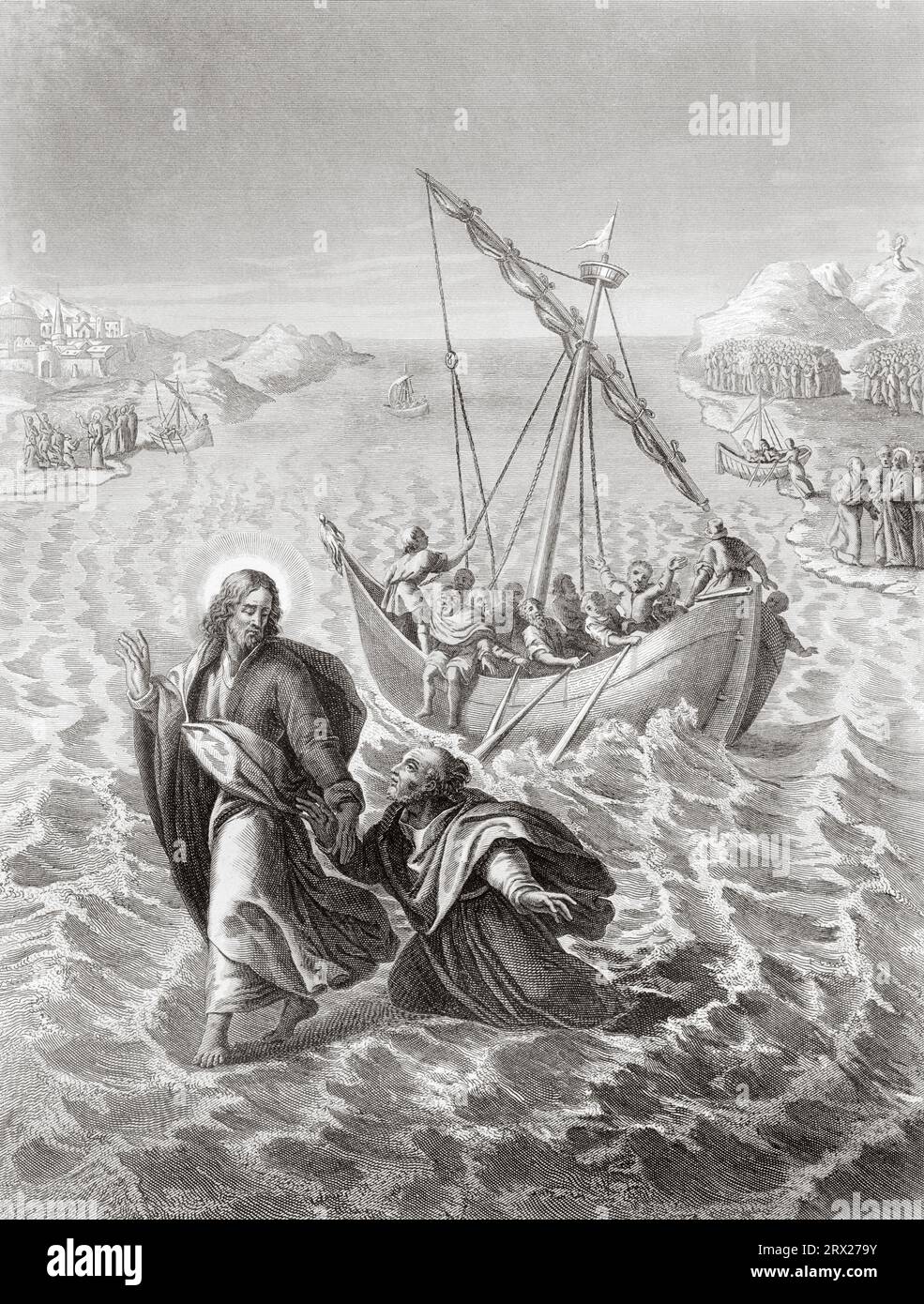 Jesus walks on water through the Sea of Galilee. Illustration for The life of Our Lord Jesus Christ written by the four evangelists, 1853 Stock Photo