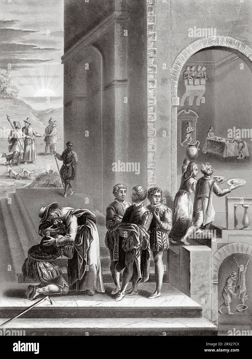 The Parable of the Prodigal Son. Return of the lost son. Illustration for The life of Our Lord Jesus Christ written by the four evangelists, 1853 Stock Photo