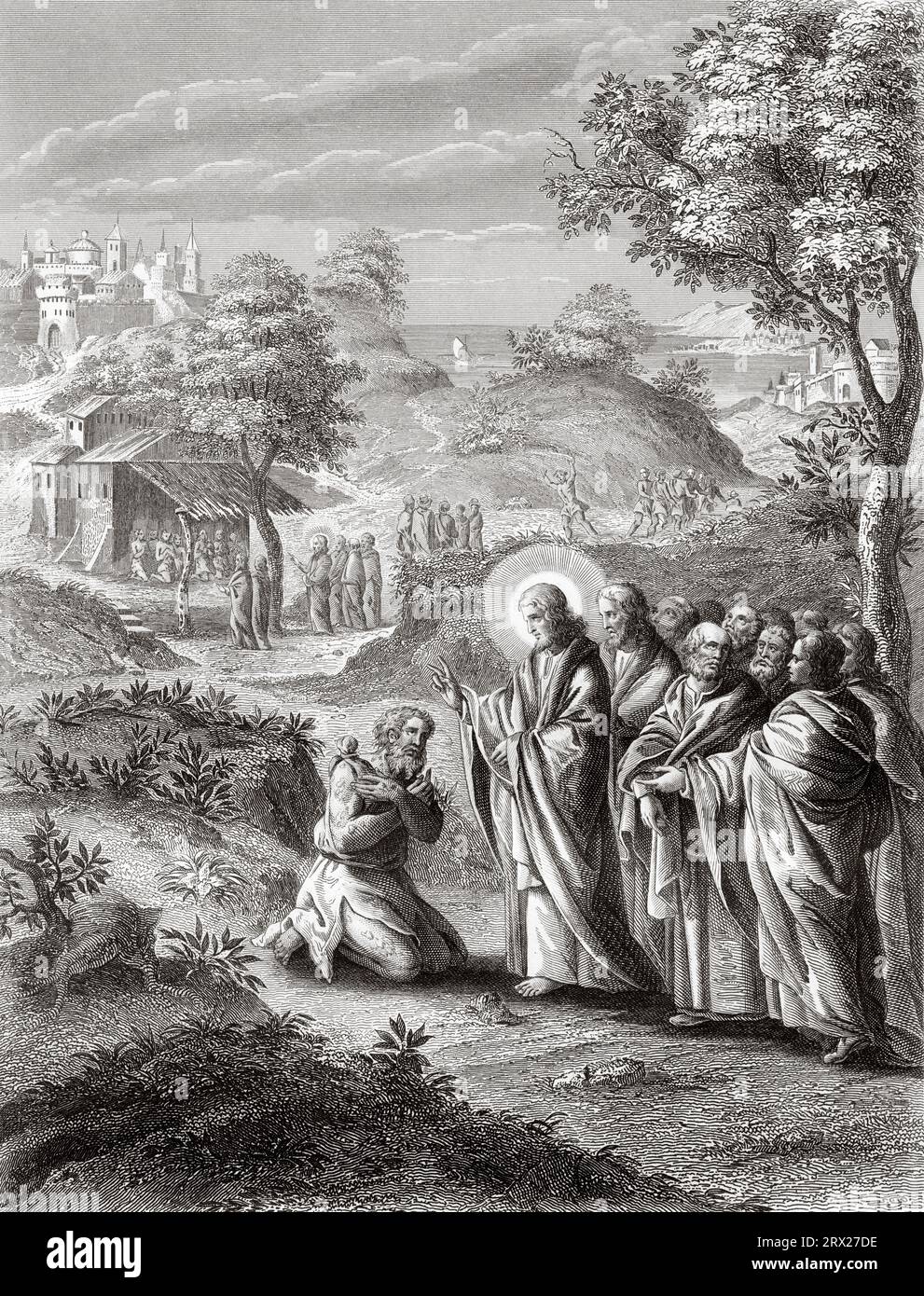Christ healing the lepers at Capernaum, Mark I. Illustration for The life of Our Lord Jesus Christ written by the four evangelists, 1853 Stock Photo