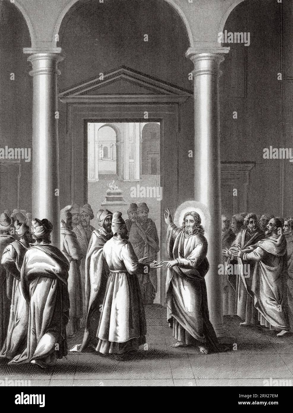 Jesus responds to the Pharisees when they asked him about taxes. Illustration for The life of Our Lord Jesus Christ written by the four evangelists, 1853 Stock Photo