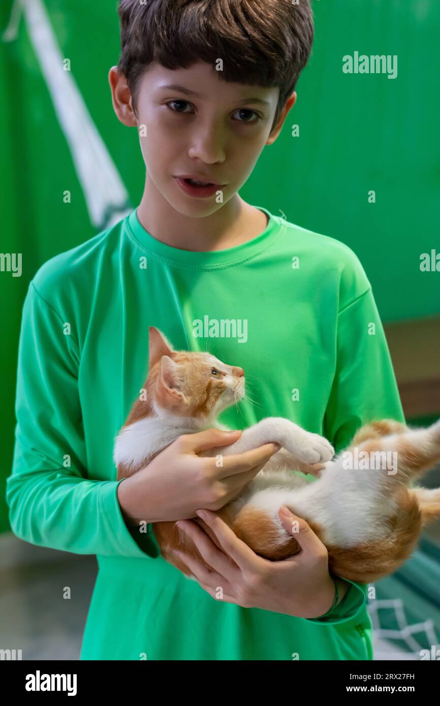 A boy holding his cat affectionately. inseparable companion. Domestic animal. Stock Photo
