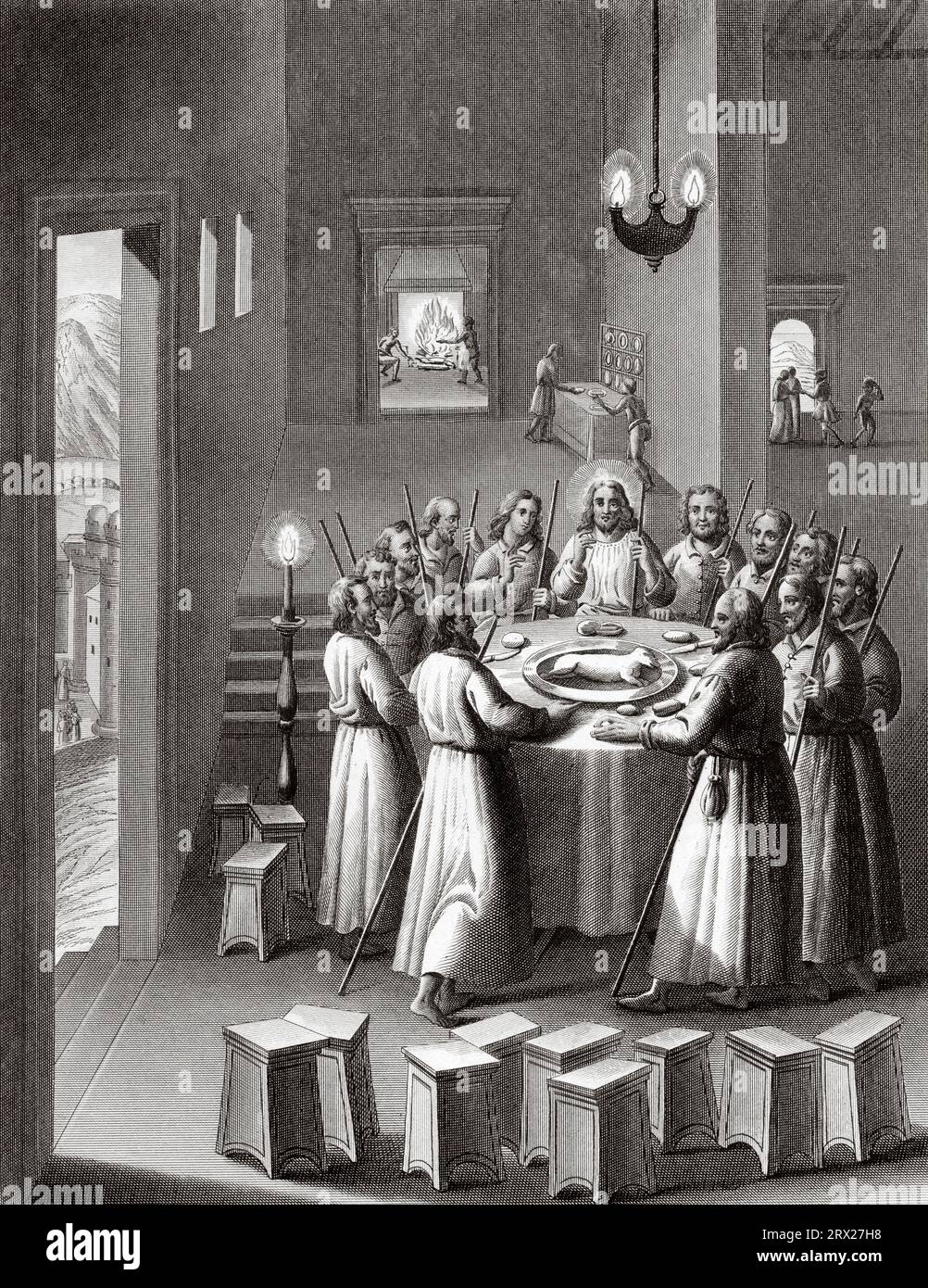 Jesus eating the Passover lamb with his disciples. Illustration for The life of Our Lord Jesus Christ written by the four evangelists, 1853 Stock Photo