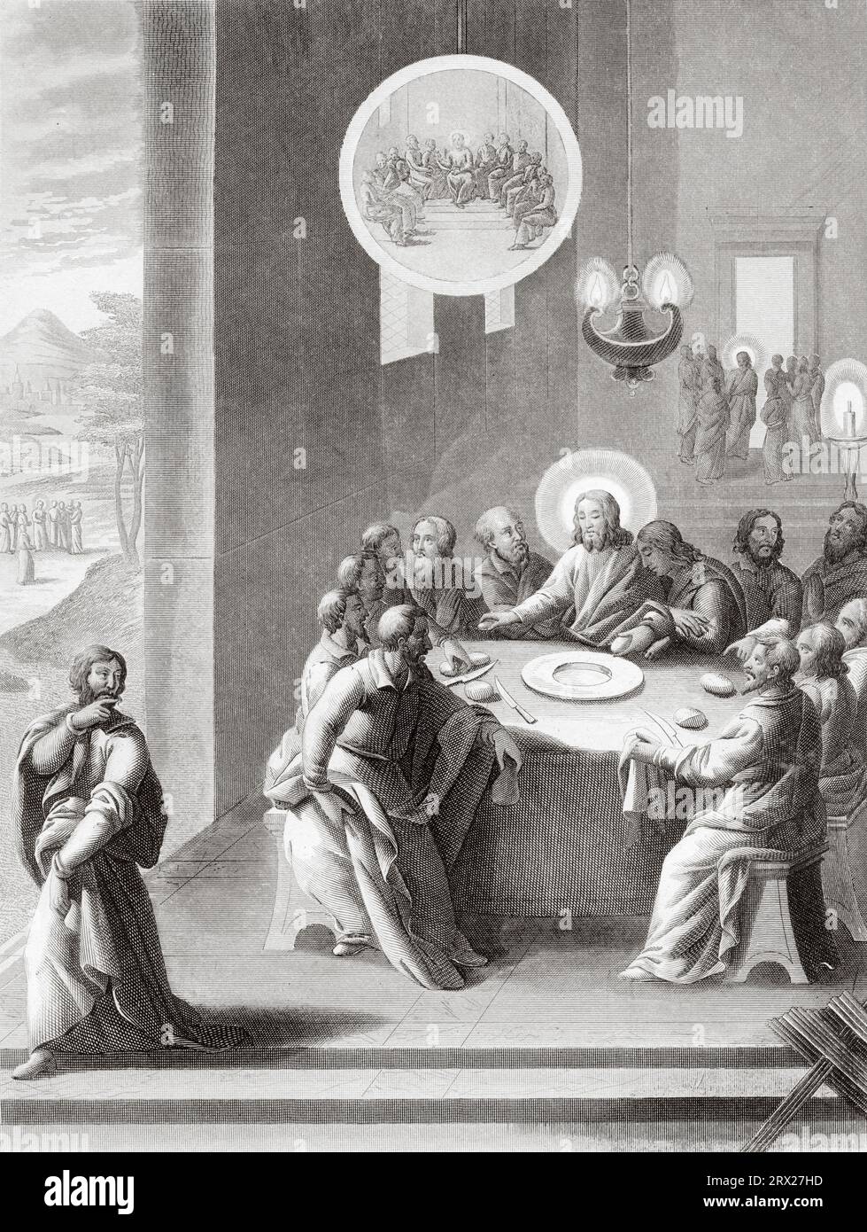 The Last Supper, Judas goes out to complete his betrayal of Jesus. Illustration for The life of Our Lord Jesus Christ written by the four evangelists, 1853 Stock Photo