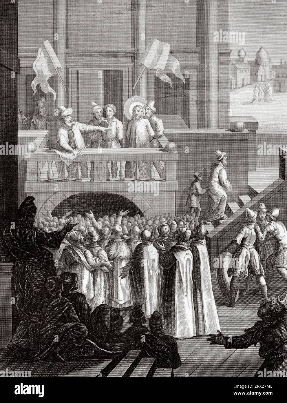 The crowd chooses Barabbas to be released and Jesus of Nazareth to be crucified, court of Pontius Pilate. Illustration for The life of Our Lord Jesus Christ written by the four evangelists, 1853 Stock Photo