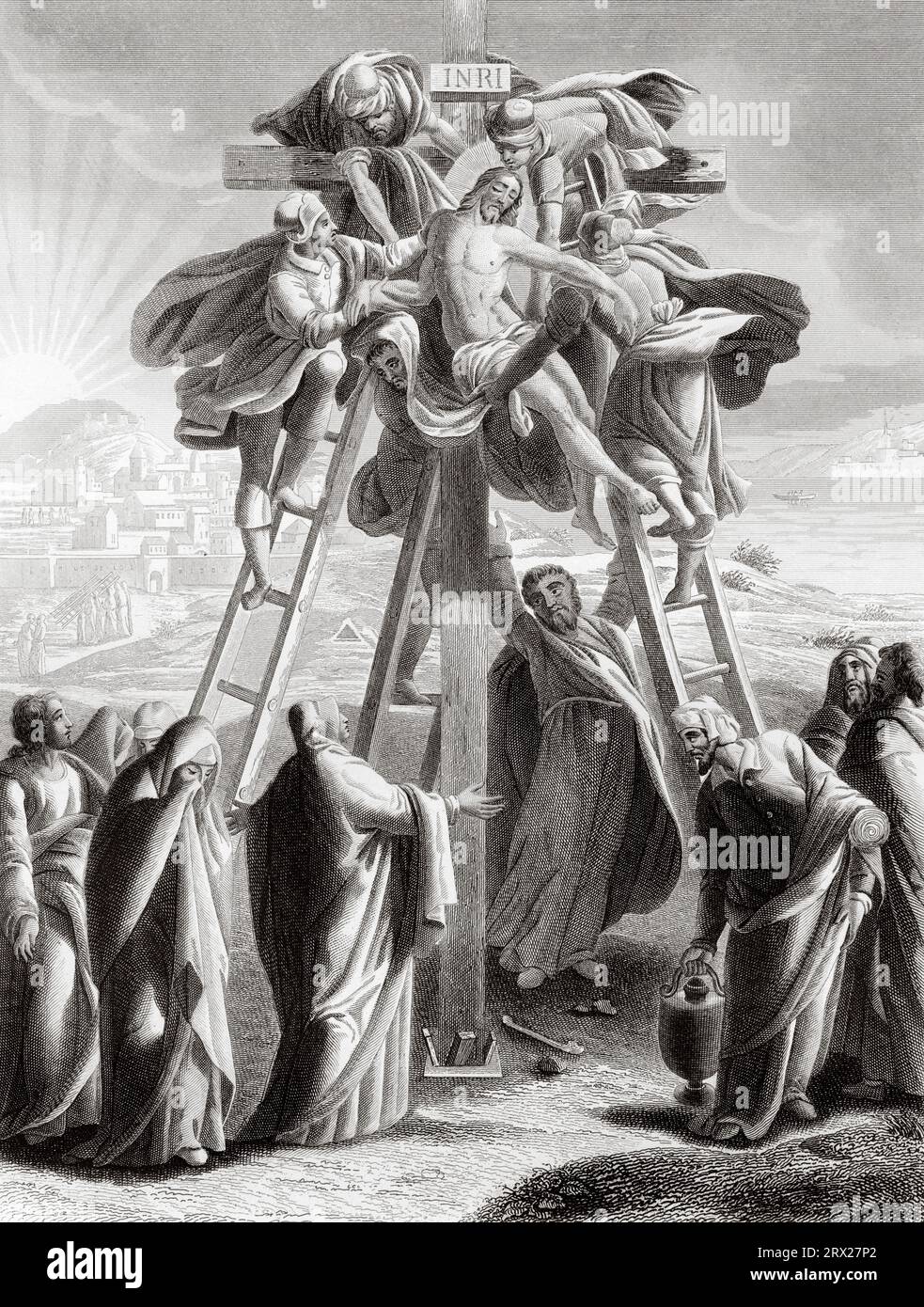 The body of Jesus is taken down from the Cross. Illustration for The life of Our Lord Jesus Christ written by the four evangelists, 1853 Stock Photo