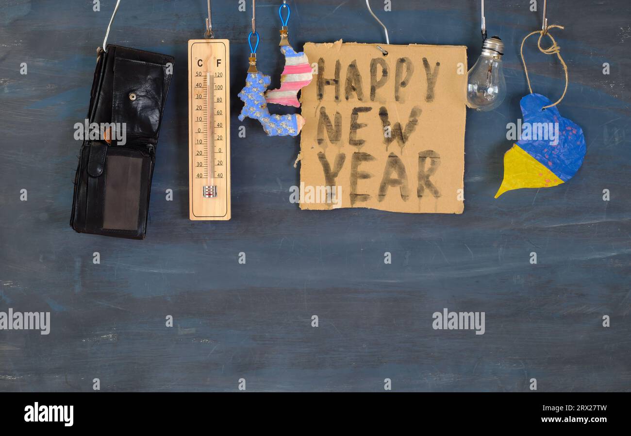 Problems in the New year 2024, finacial and energy crisis,climate change, American presidential election and ukraine war,flat lay, free copy space Stock Photo