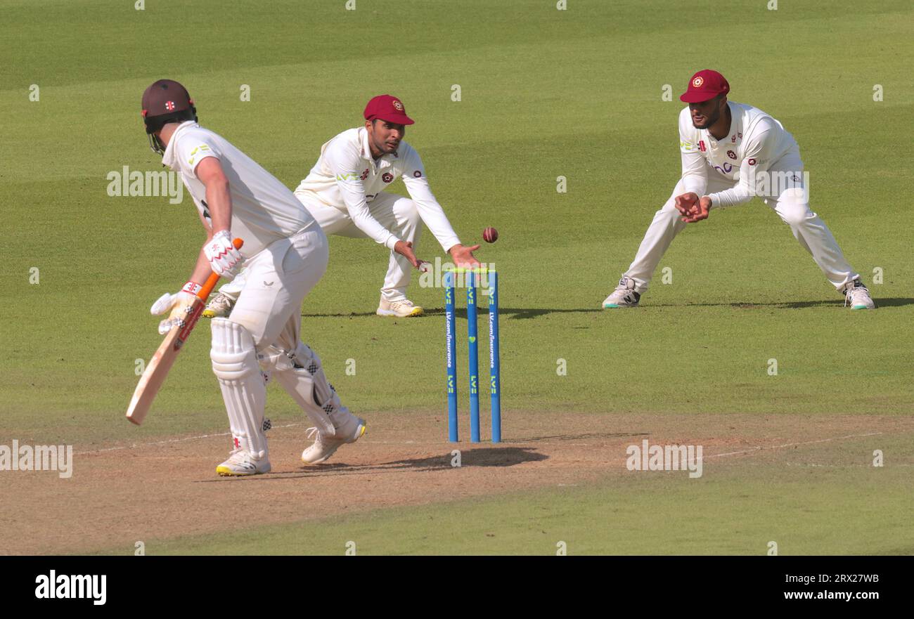 London, UK. 22nd Sep, 2023. Surrey's Dom Sibley gets a life as Hassan Azad fails to hold a sharp chance off the bowling of Ben Sanderson as Surrey are forced to follow-on against Northamptonshire in the County Championship at the Kia Oval, day four. Credit: David Rowe/Alamy Live News Stock Photo