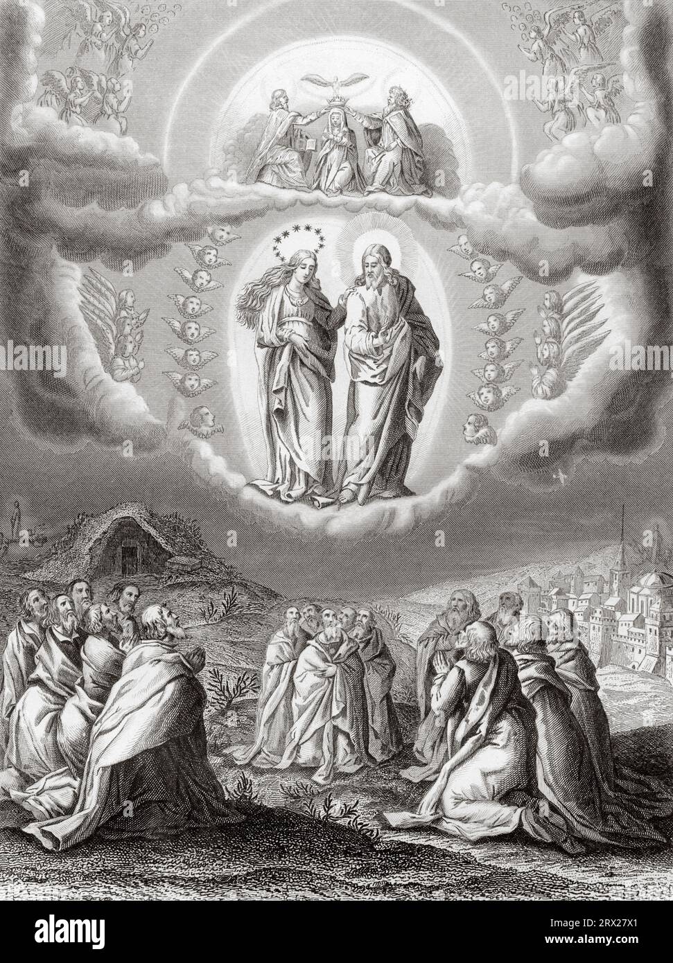 Virgin Mother of God was physically crowned as Queen of Heaven after her Assumption. Illustration for The life of Our Lord Jesus Christ written by the four evangelists, 1853 Stock Photo