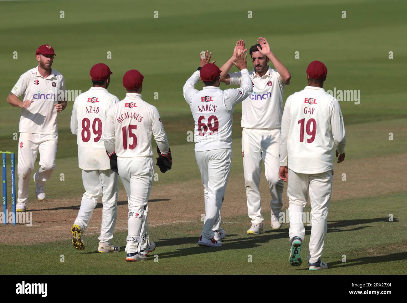 London, UK. 22nd Sep, 2023. Northamptonshire's Ben Sanderson celebrates with his team mates after getting the wicket of Tom Lawes as Surrey take on Northamptonshire in the County Championship at the Kia Oval, day four. Credit: David Rowe/Alamy Live News Stock Photo