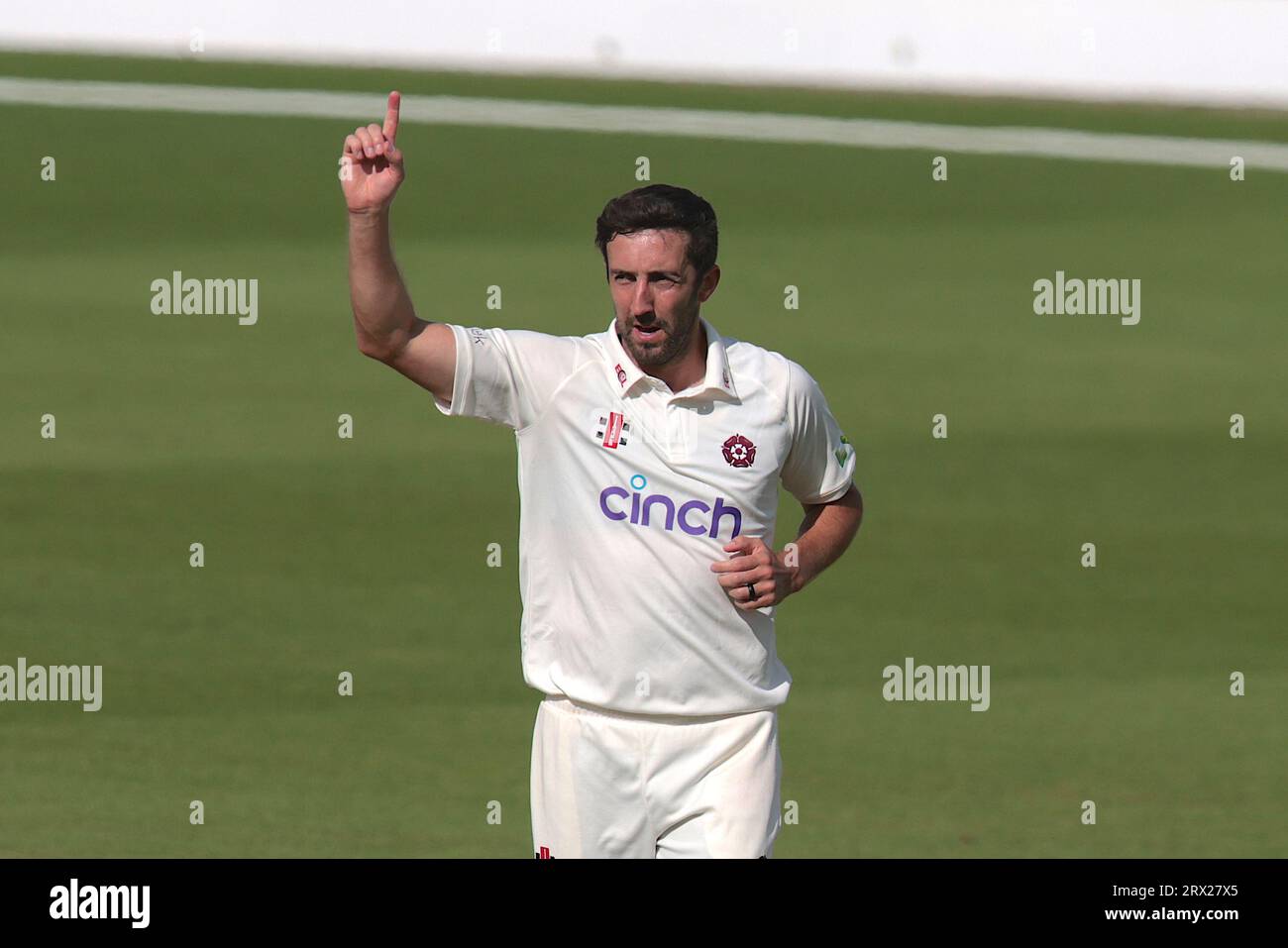 London, UK. 22nd Sep, 2023. Northamptonshire's Ben Sanderson celebrates after getting the wicket of Tom Lawes as Surrey take on Northamptonshire in the County Championship at the Kia Oval, day four. Credit: David Rowe/Alamy Live News Stock Photo