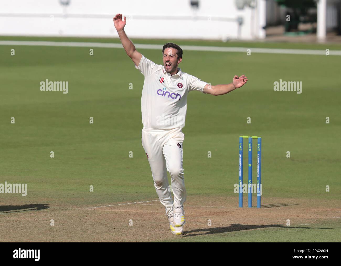 London, UK. 22nd Sep, 2023. Northamptonshire's Ben Sanderson appeals but it's not out as Surrey take on Northamptonshire in the County Championship at the Kia Oval, day four. Credit: David Rowe/Alamy Live News Stock Photo