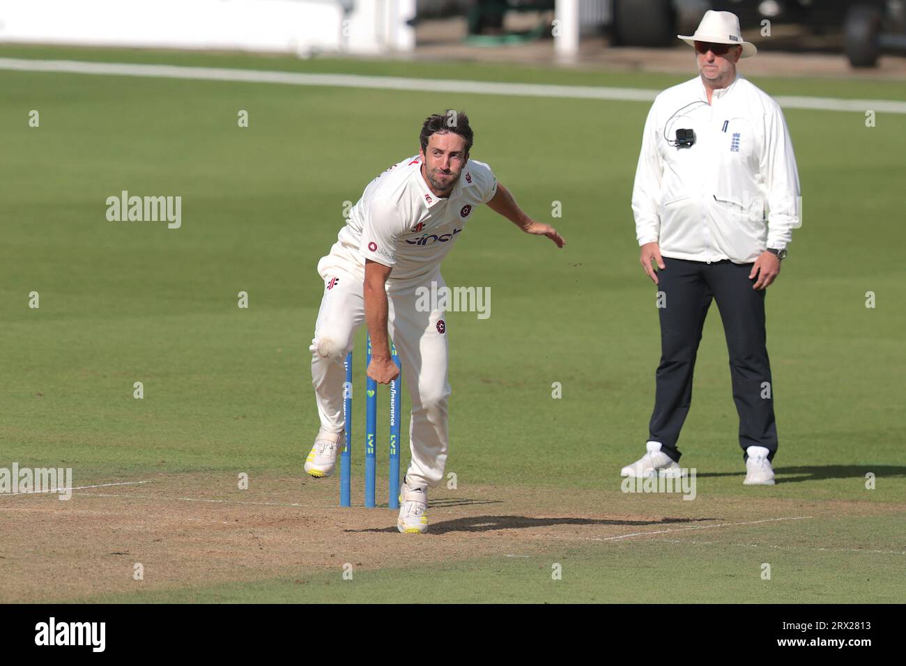 London, UK. 2nd Sep, 2023. Northamptonshire's Ben Sanderson bowling as Surrey take on Northamptonshire in the County Championship at the Kia Oval, day four. Credit: David Rowe/Alamy Live News Stock Photo