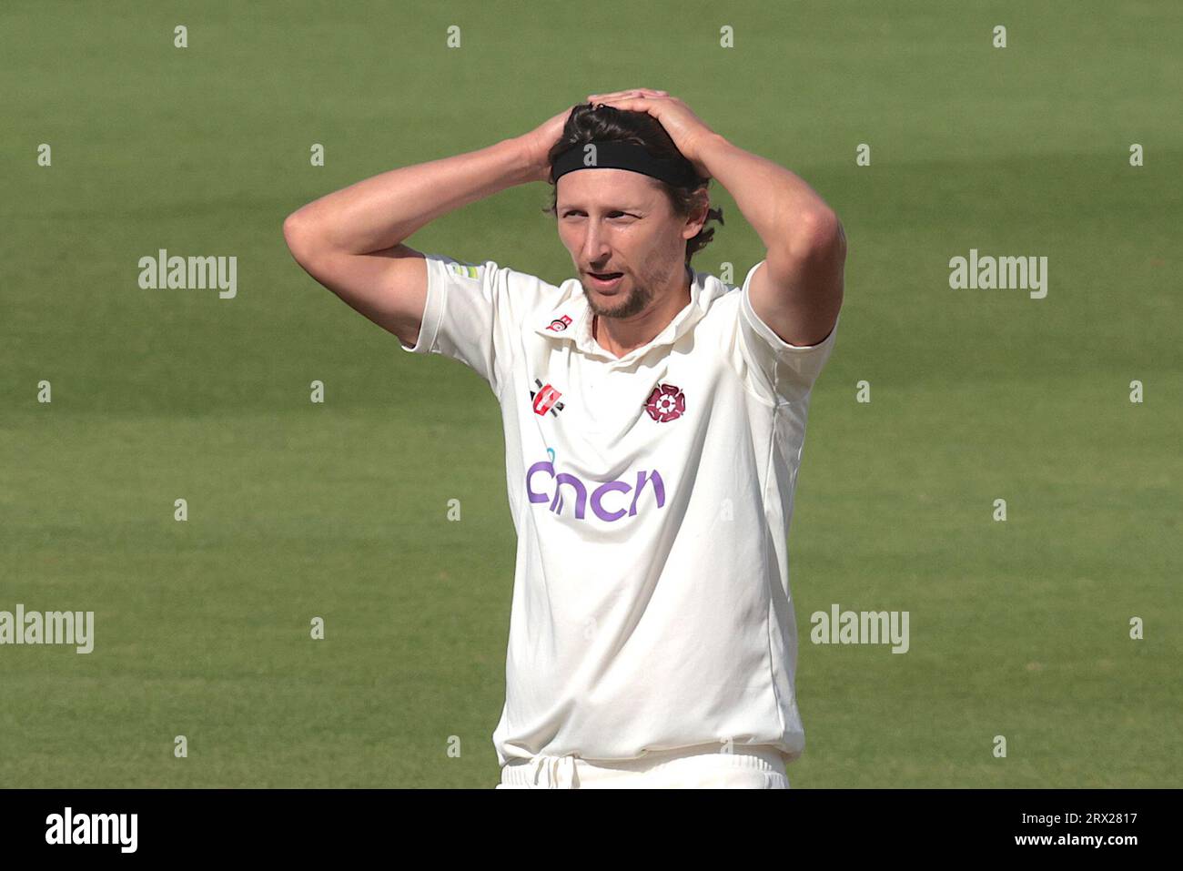 London, UK. 22nd Sep, 2023. Northamptonshire's Jack White bowling as Surrey take on Northamptonshire in the County Championship at the Kia Oval, day four. Credit: David Rowe/Alamy Live News Stock Photo