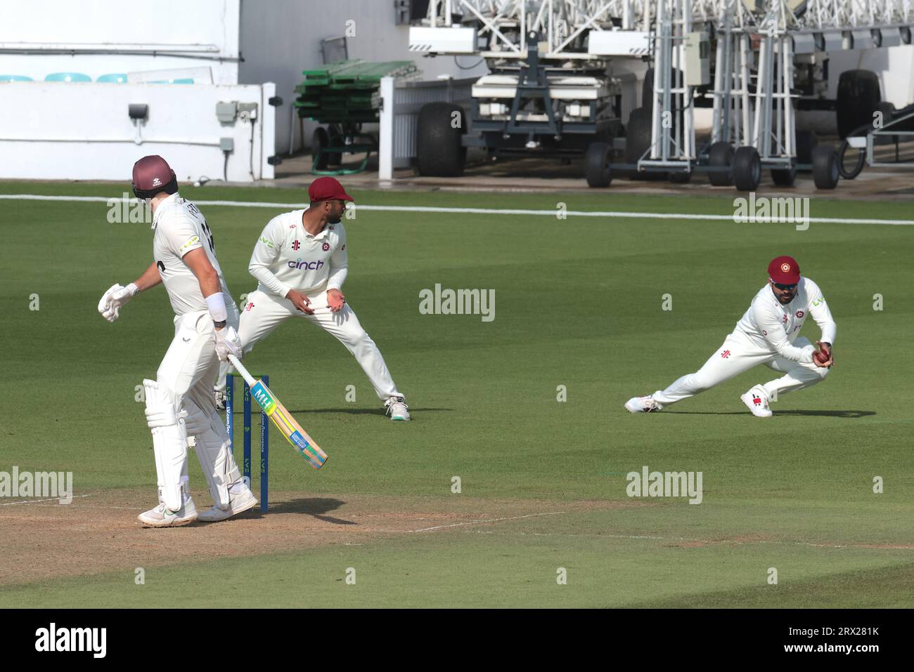 London, UK. 22nd Sep, 2023. Surrey's Jamie Overton caught Karun Nair bowled Jack Whiteas Surrey take on Northamptonshire in the County Championship at the Kia Oval, day four. Credit: David Rowe/Alamy Live News Stock Photo